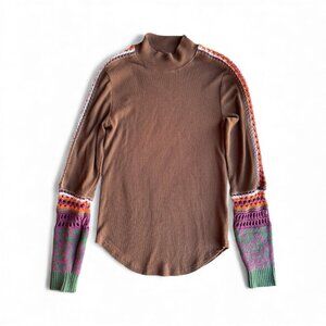 Free People Boho Crochet Sleeve Thermal Top – Size L – Mixed Knit Multicolor
